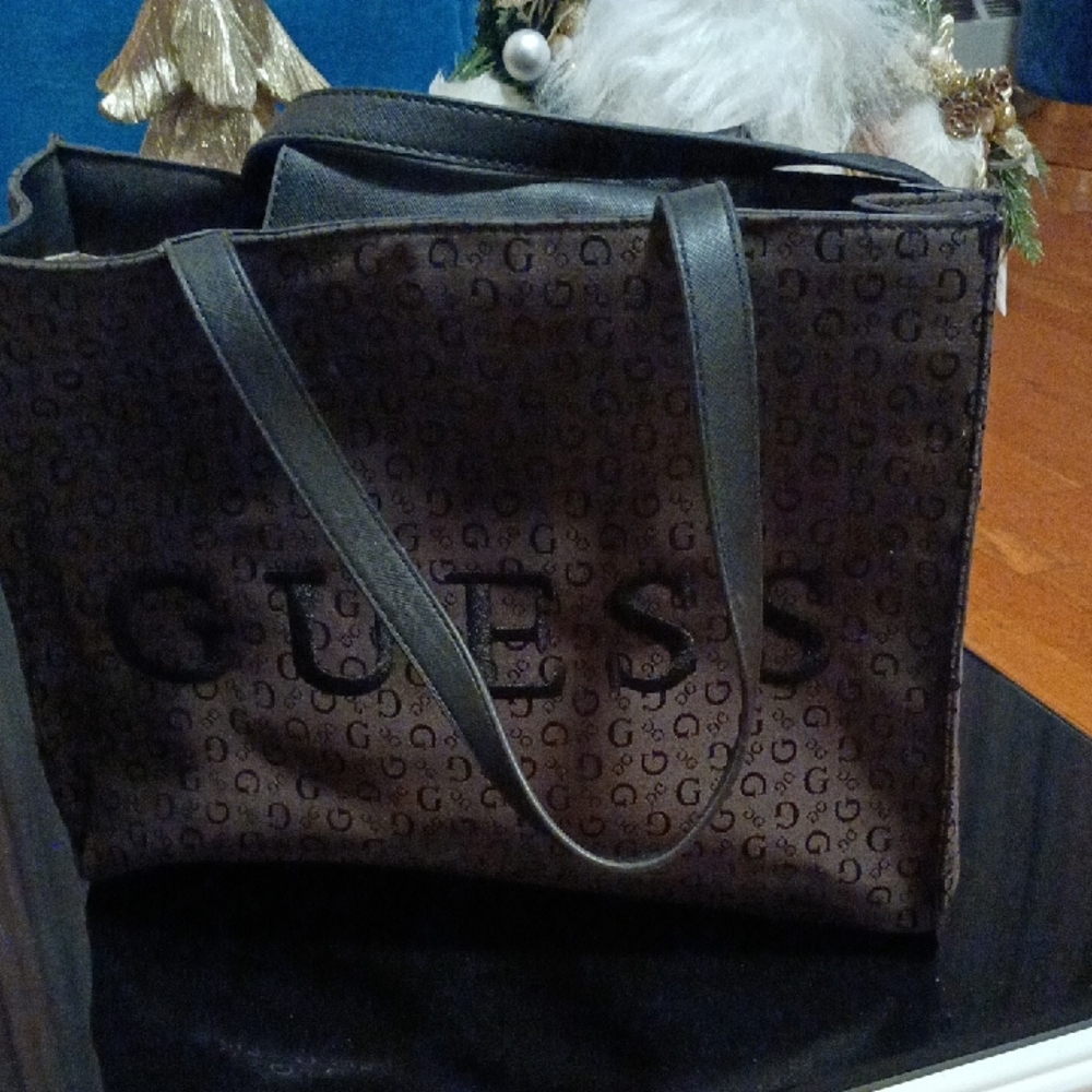 Guess Dark Brown and Black Tote Bag